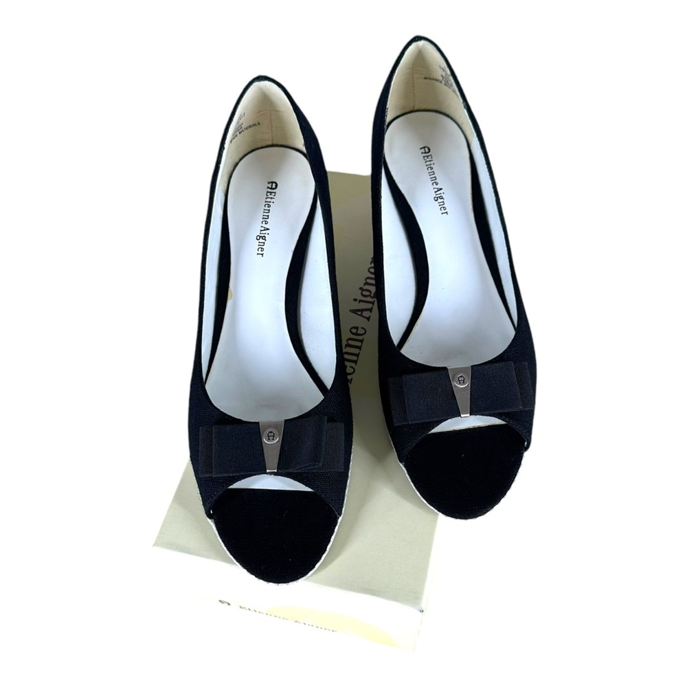 Etienne Aigner Women’s 10 Black Linen Wedge Peep Toe Heels Digit Casual Y2K VTG - Picture 5 of 12